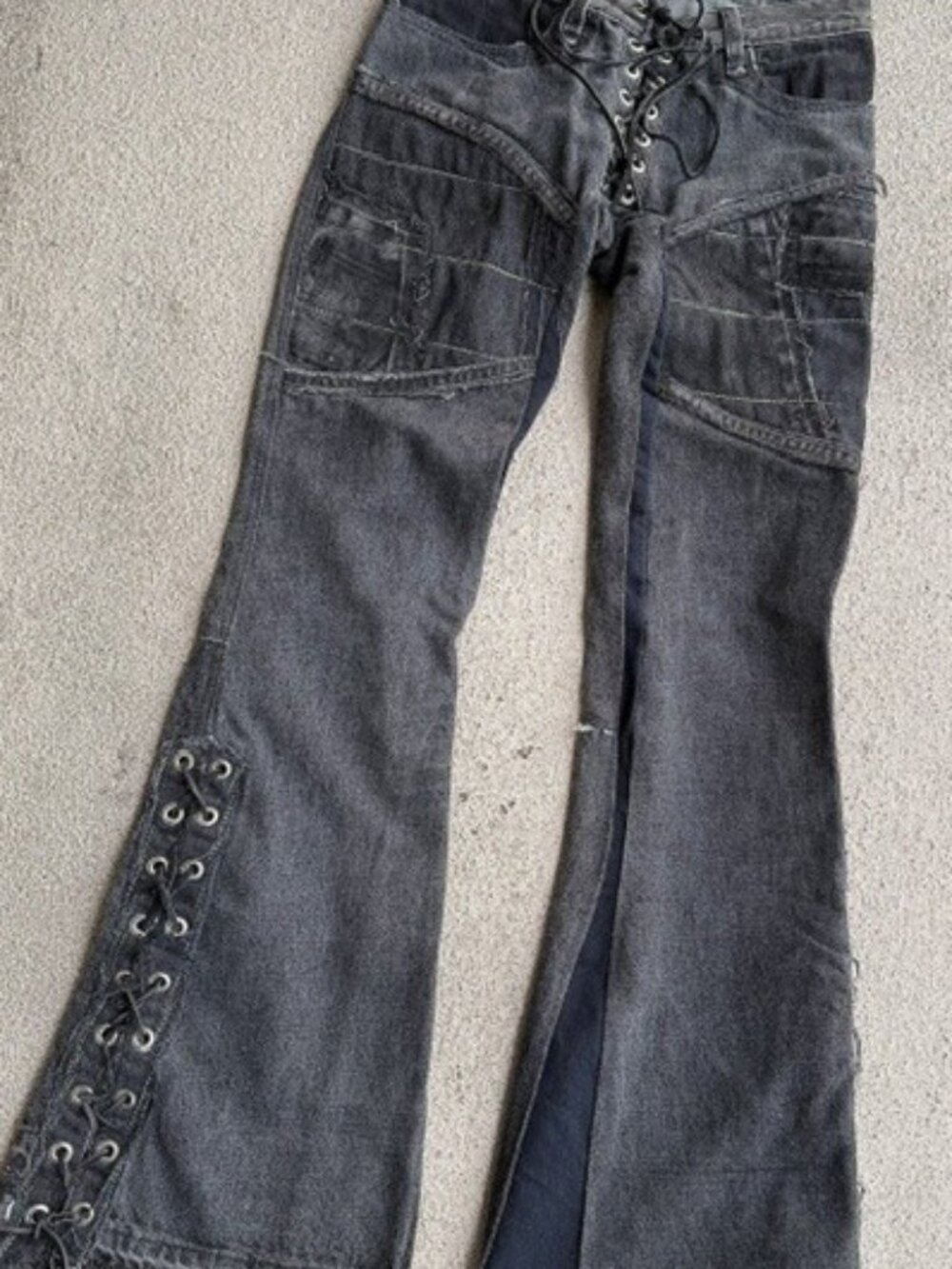 Vintage Agatha Blois NYC Custom Leather Denim Mens Rocker Lace Up Pants Original
